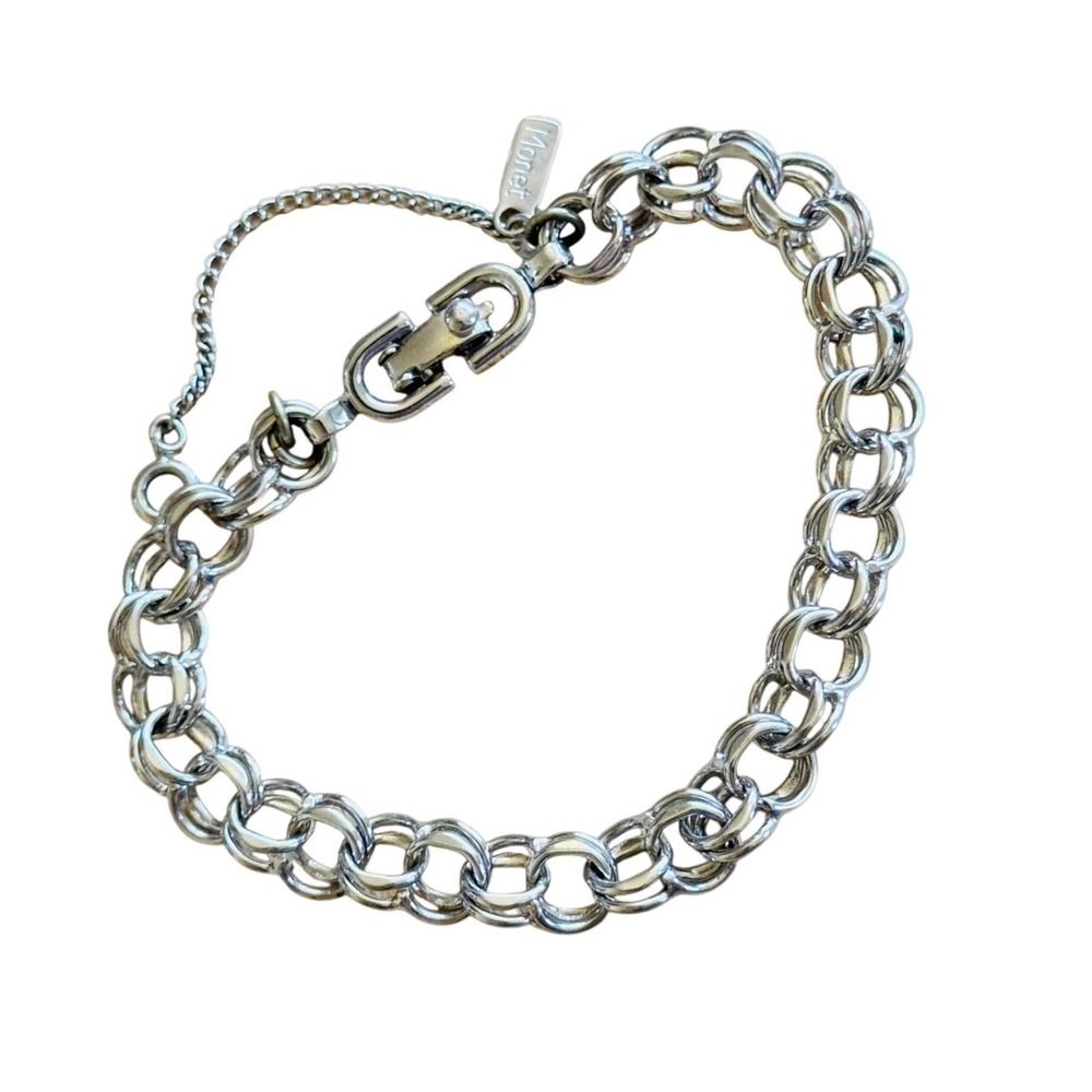 VTG Monet Silver Plated Double Rolo Chain Bracelet Charm Starter MCM Retro 7.5"